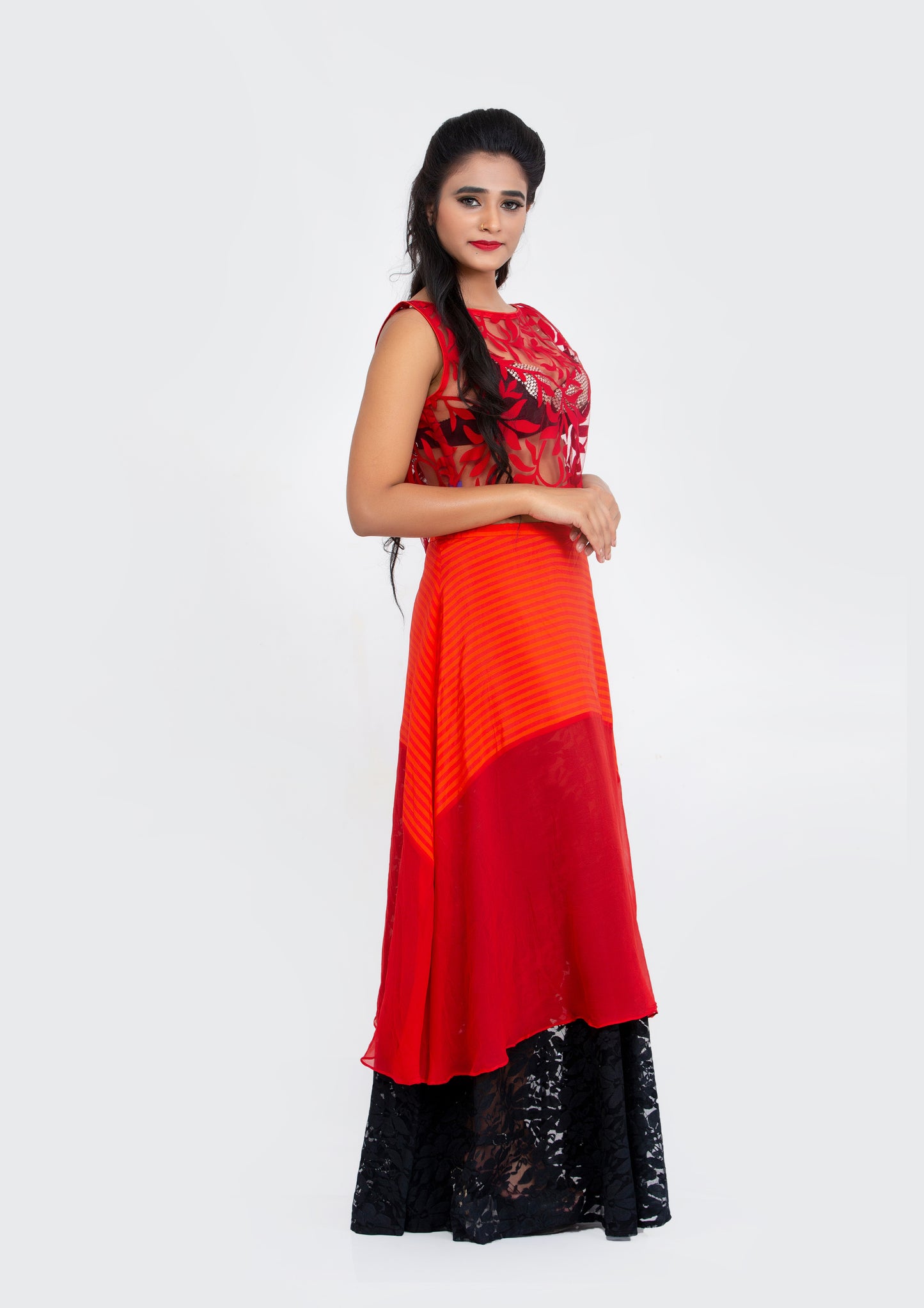 Red Printed Striped Silk Crepe and Georgette Black Lace flared Full length Skirt