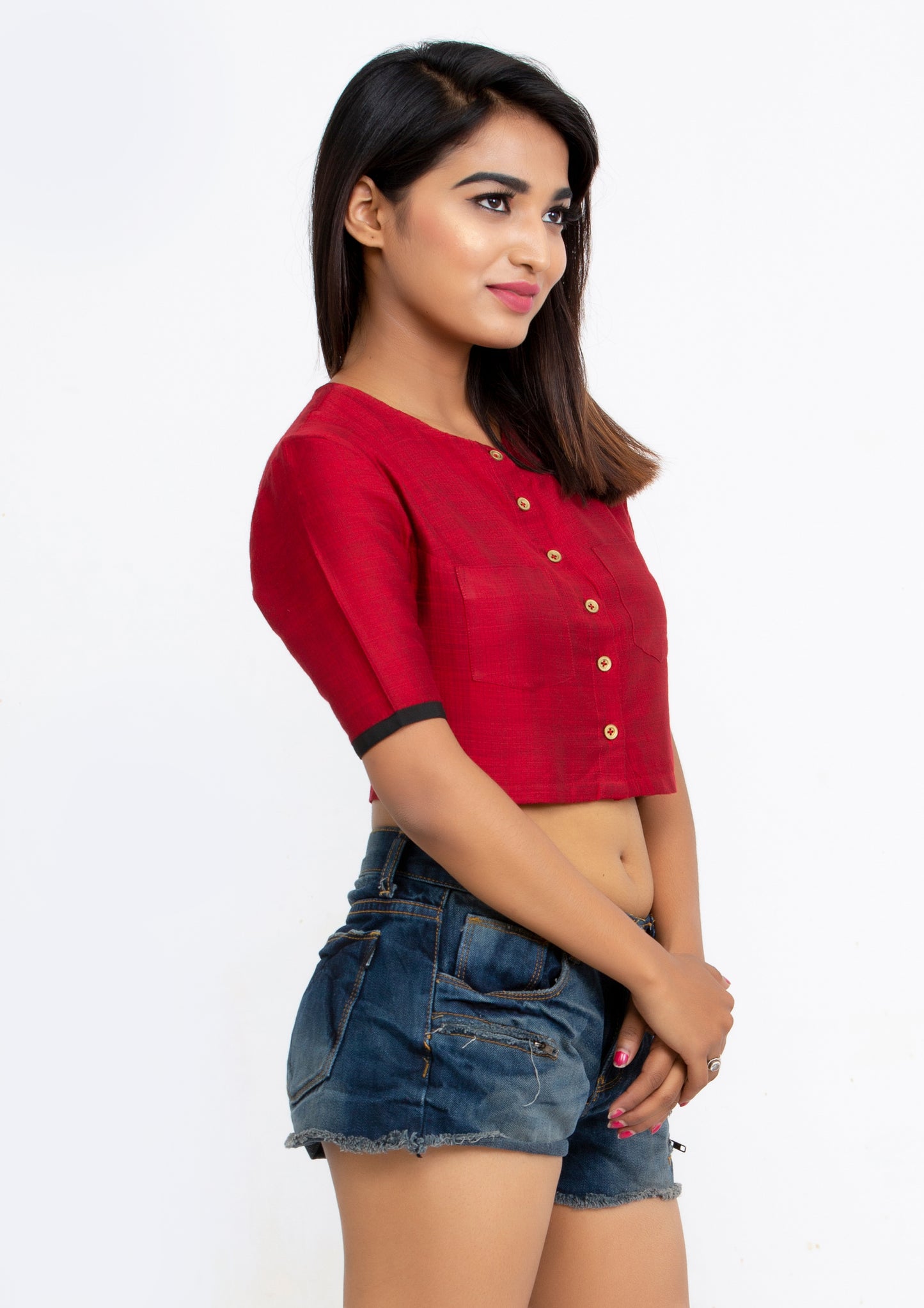 Red Cotton Silk Crop Top with short sleeve and Brass Buttons