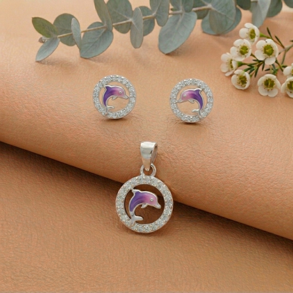 Silver Dolphin Enamel Pendant with Earrings