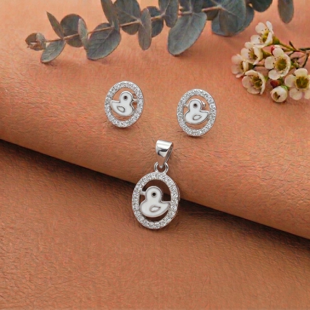 Duck Enamel Silver Pendant and Earrings Set