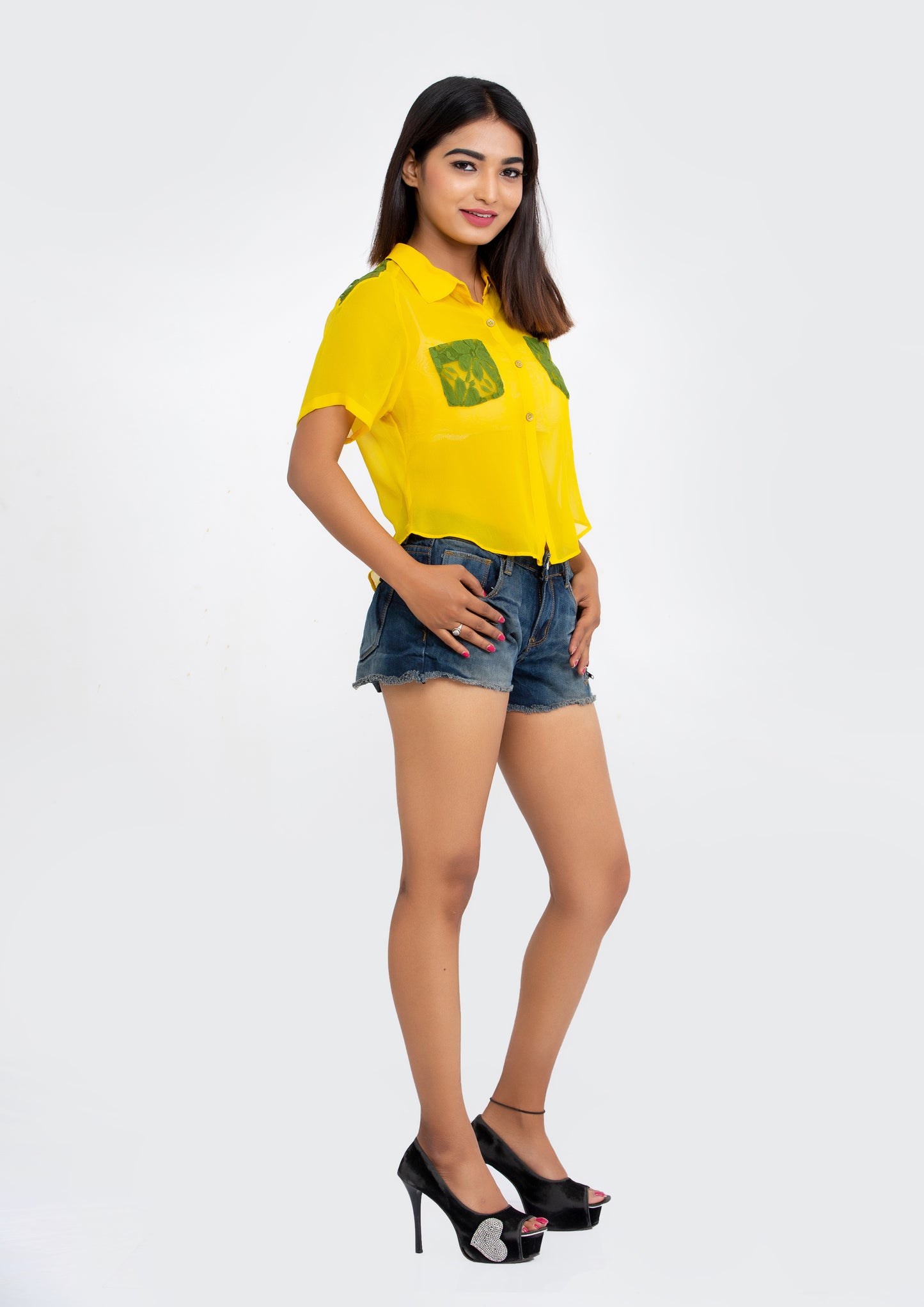 Yellow Green Sheer Silk Georgette and Lace half sleeve Top