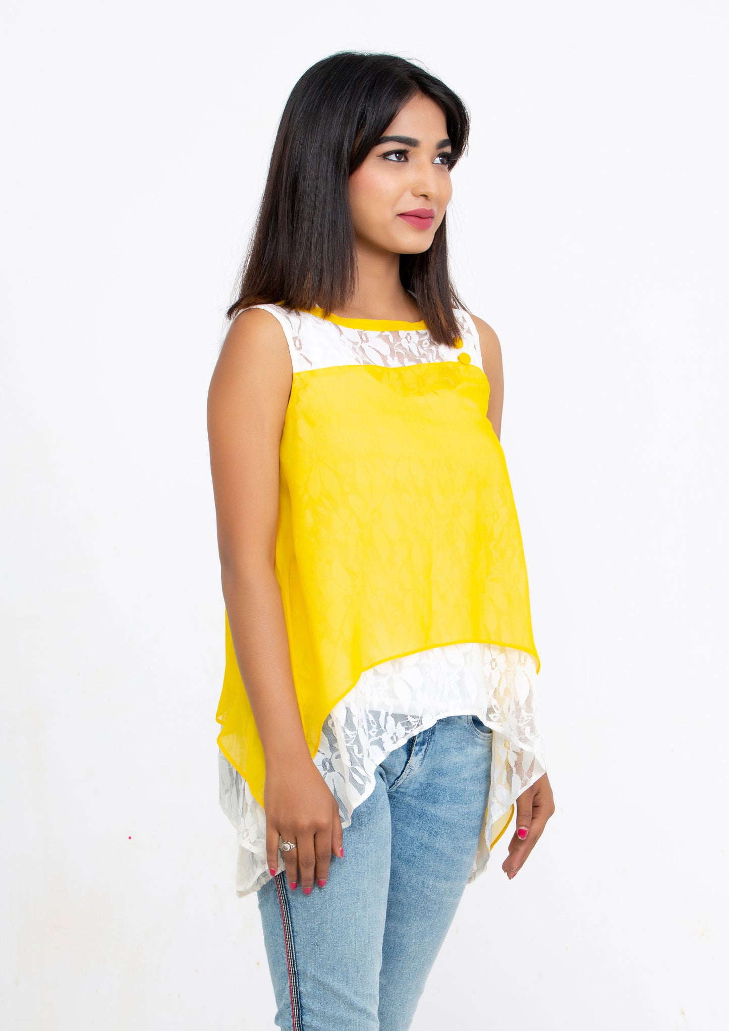 Yellow Silk Georgette and Lace sleeveless Top