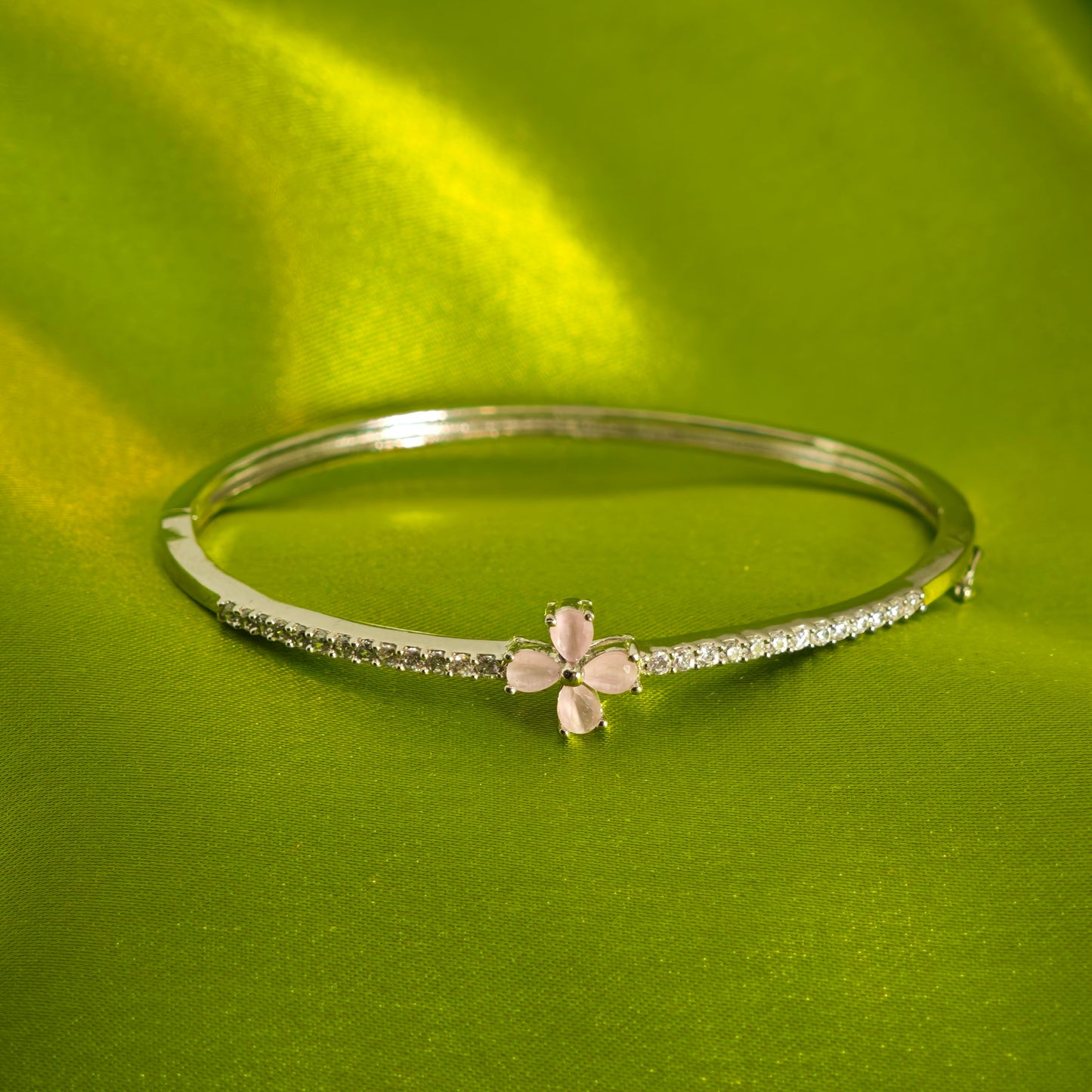 Four Leaf Pink stone Silver Kada