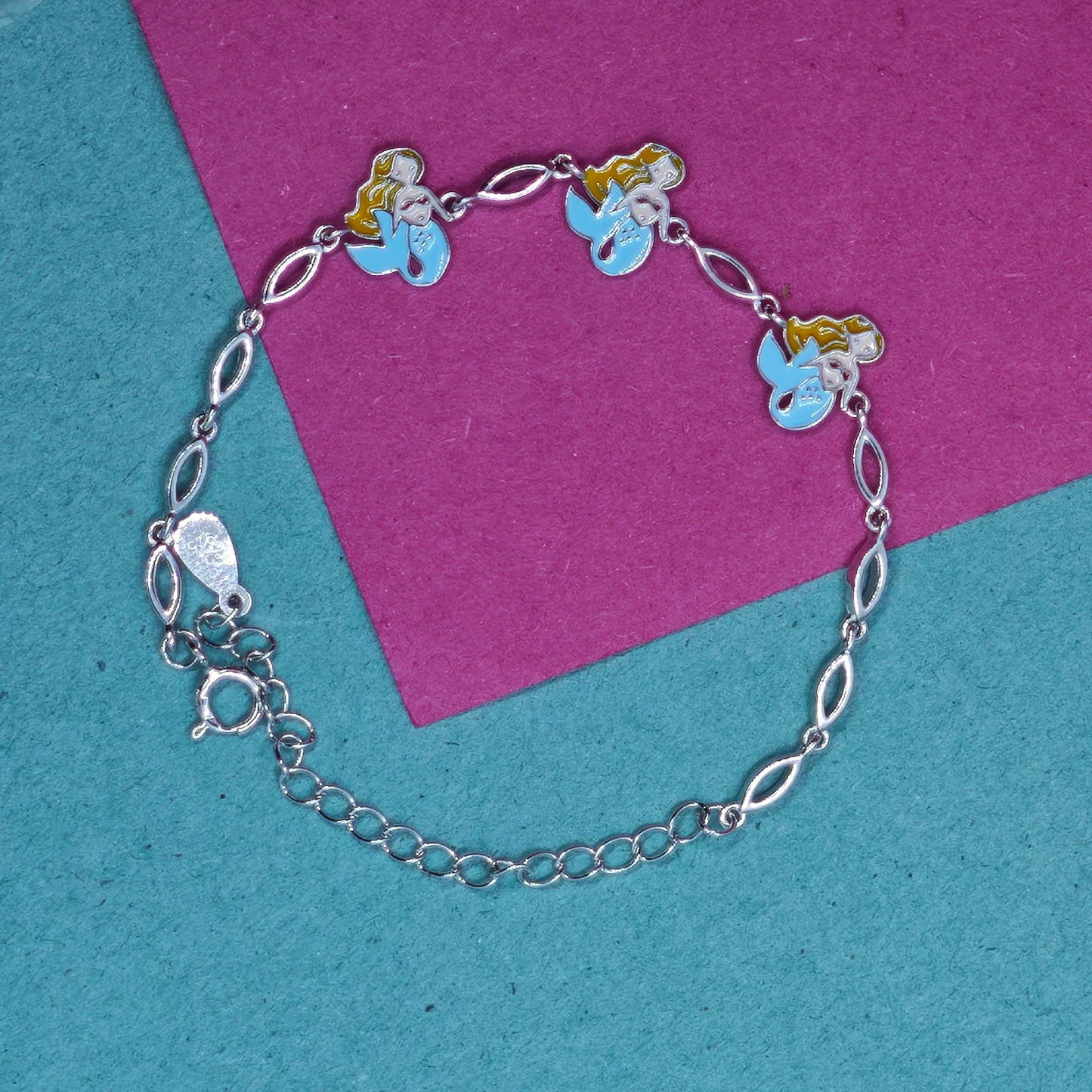 Blonde and Blue Enamel Mermaid Kids Silver Bracelet