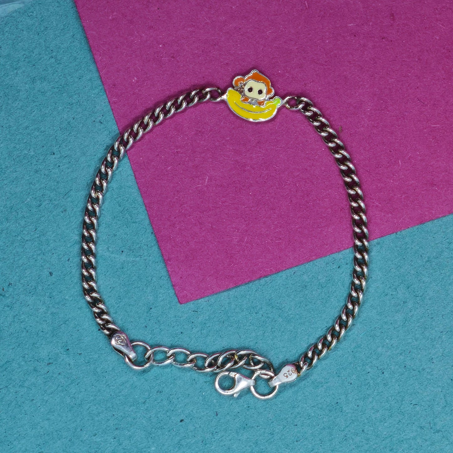 Monkey With Banana Enamel Finish Kids Silver Bracelet