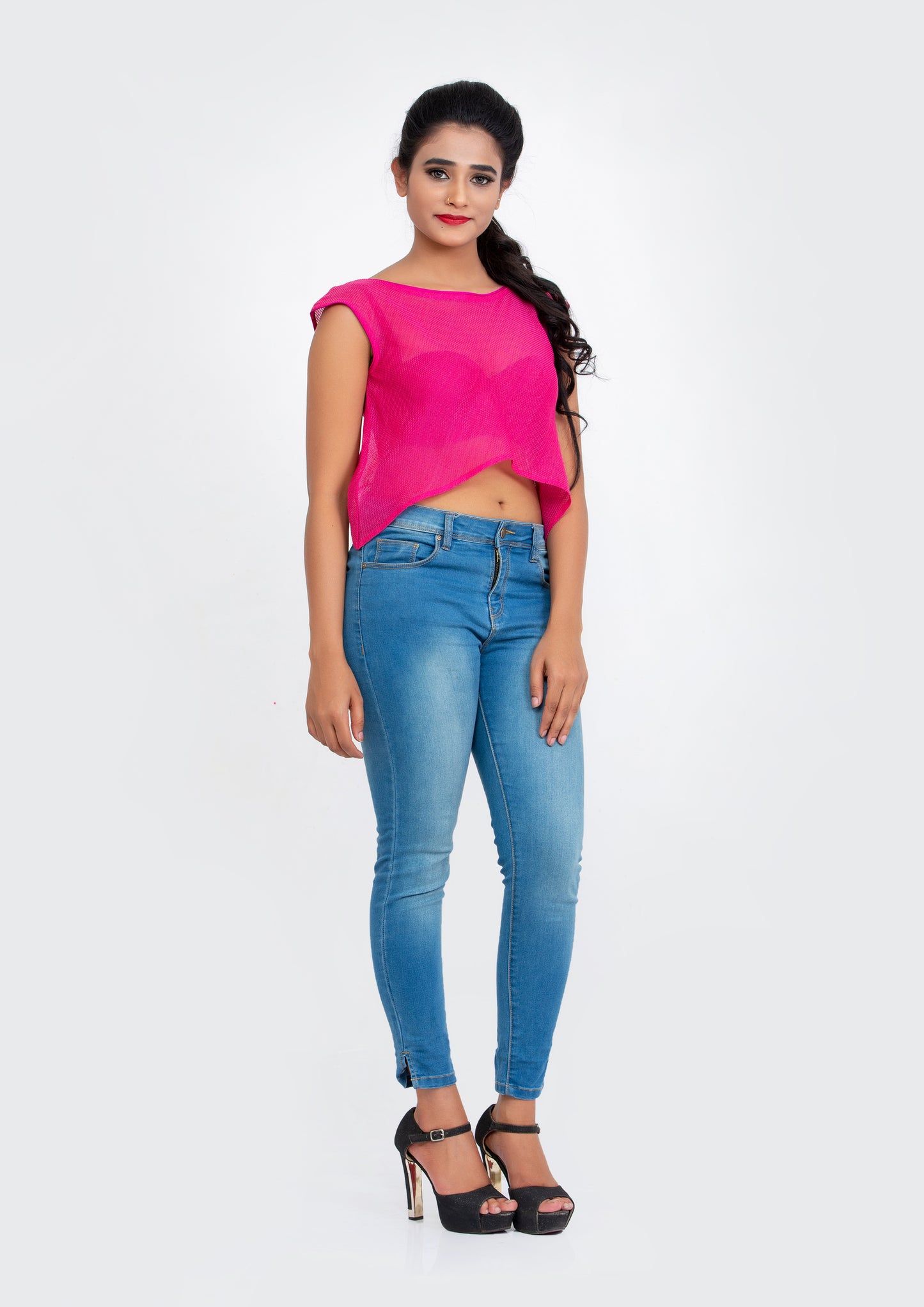 Pink Cotton Net flare Crop Top