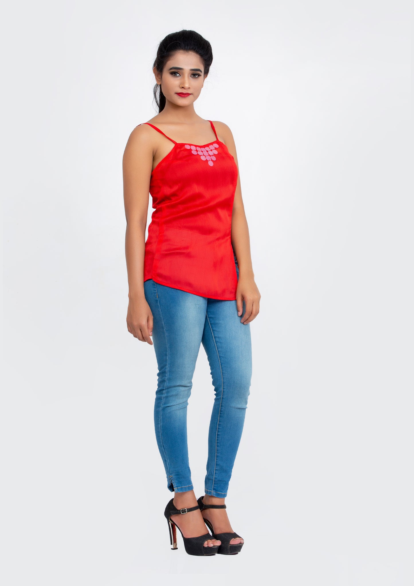 Cherry Red spaghetti polyester Top with neck sequins design