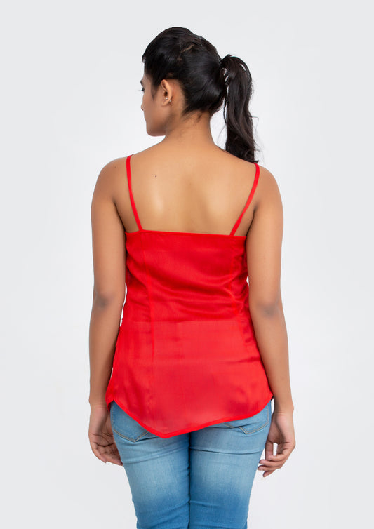 Cherry Red spaghetti polyester Top with neck sequins design