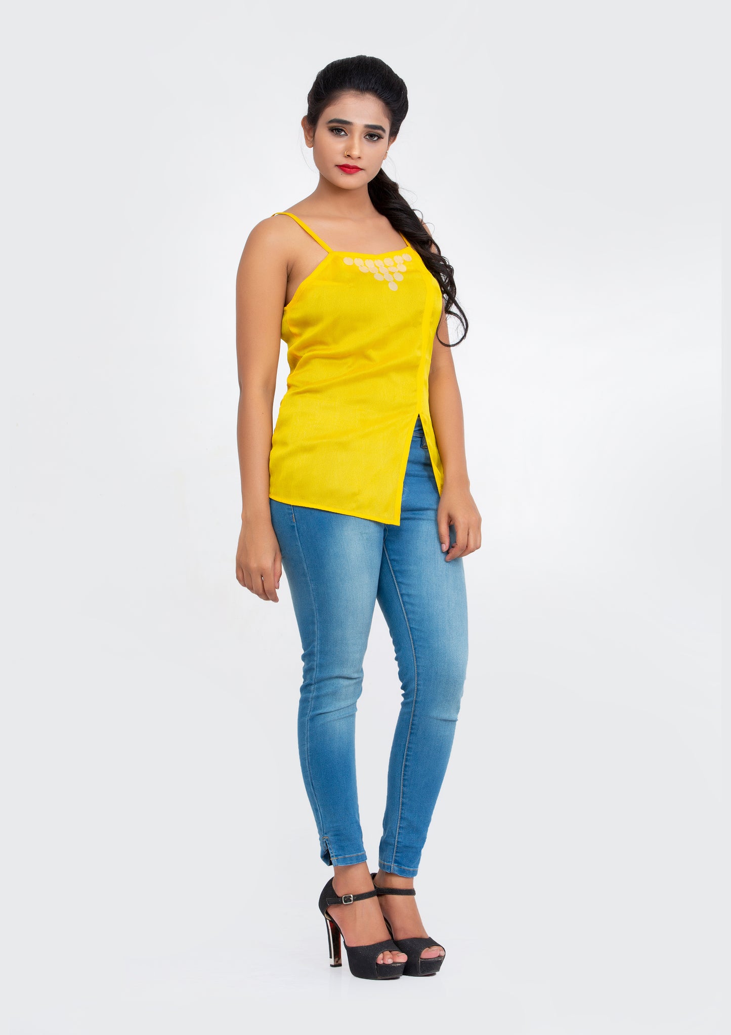 Yellow spaghetti polyester Top with neck sequins design
