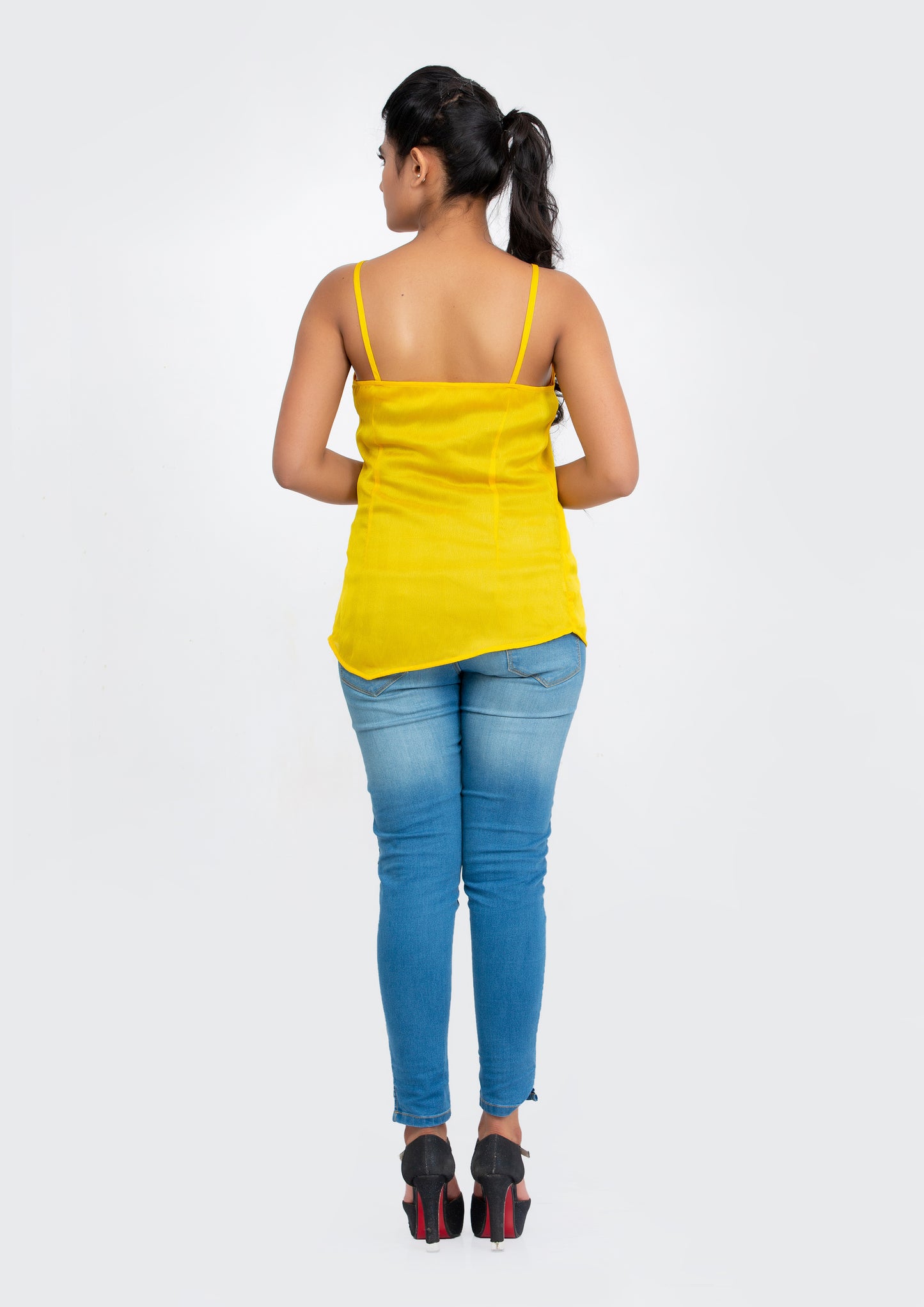 Yellow spaghetti polyester Top with neck sequins design