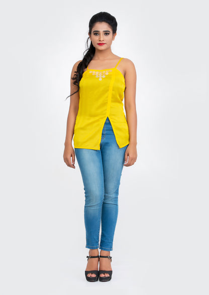 Yellow spaghetti polyester Top with neck sequins design
