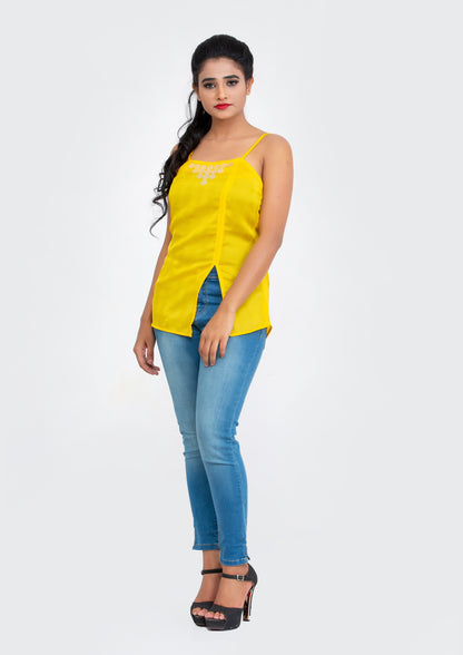 Yellow spaghetti polyester Top with neck sequins design