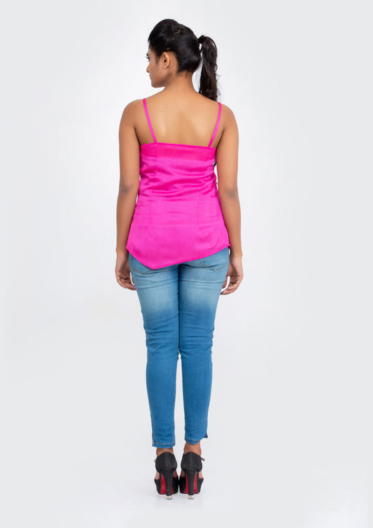 Pink spaghetti polyester Top with neck sequins design