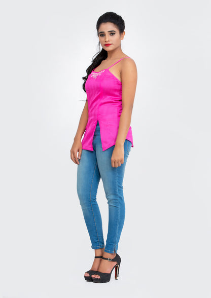 Pink spaghetti polyester Top with neck sequins design