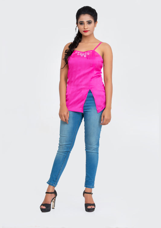 Pink spaghetti polyester Top with neck sequins design