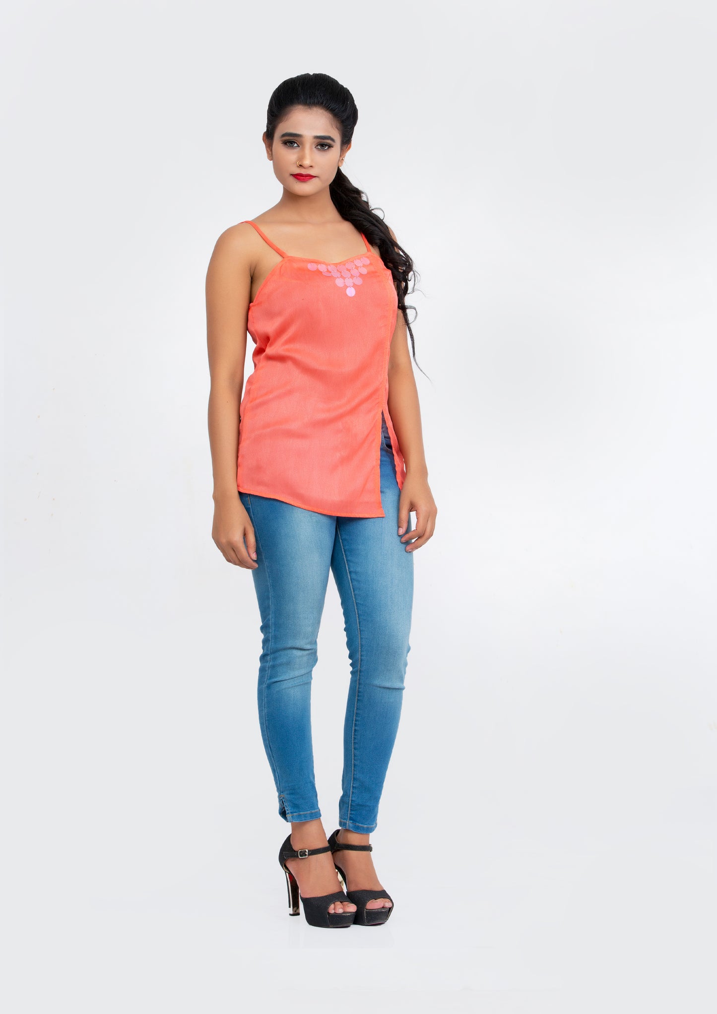 Peach spaghetti polyester Top with neck sequins design