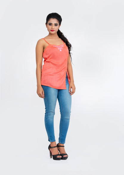 Peach spaghetti polyester Top with neck sequins design