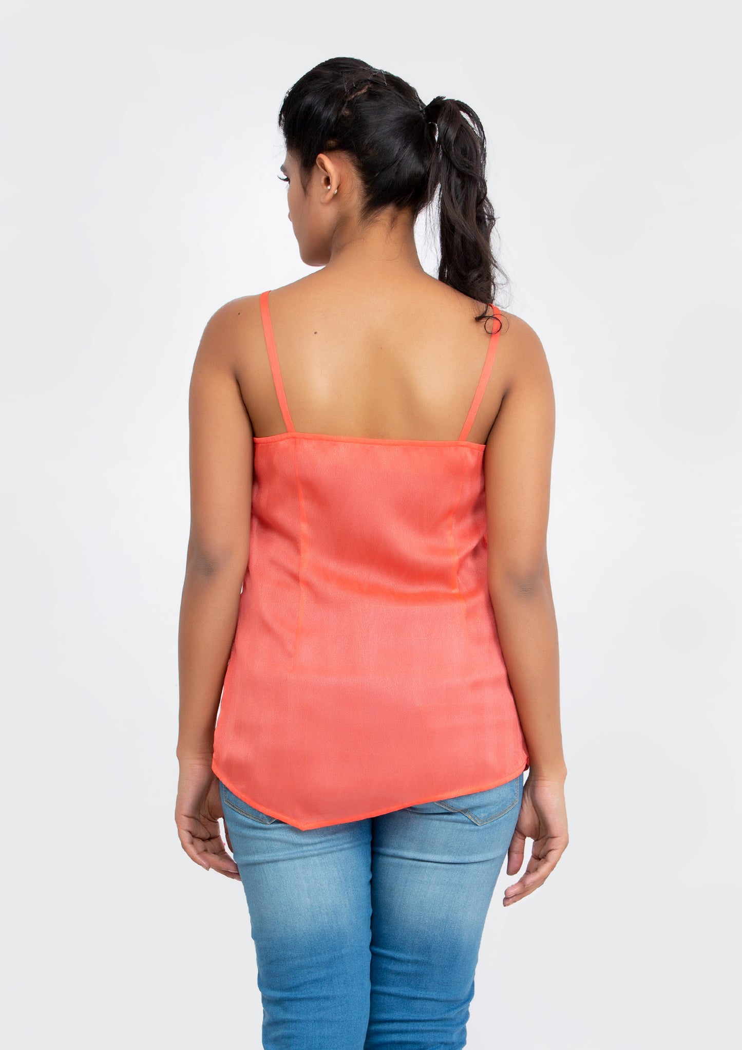 Peach spaghetti polyester Top with neck sequins design