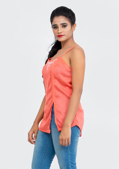 Peach spaghetti polyester Top with neck sequins design