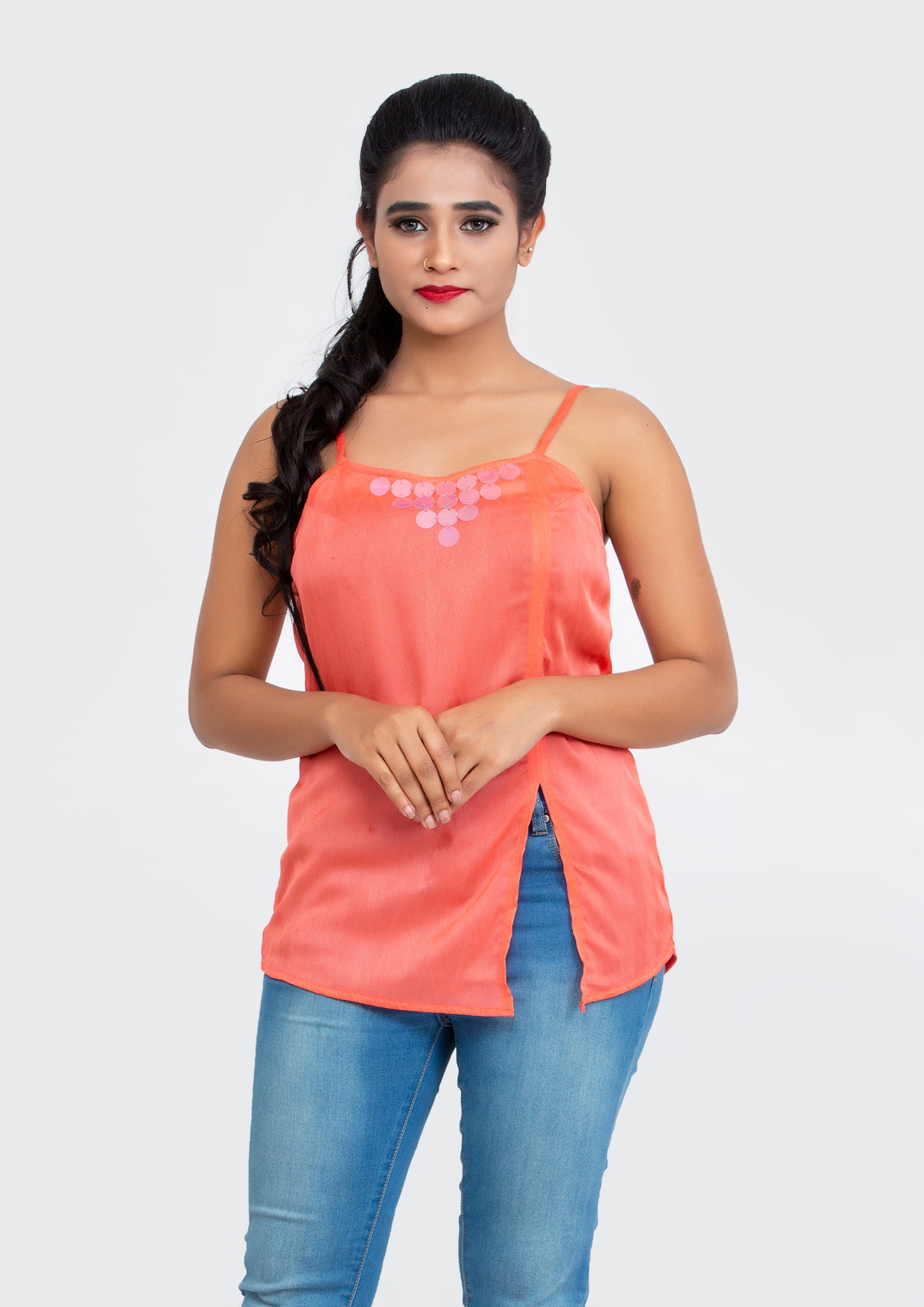 Peach spaghetti polyester Top with neck sequins design
