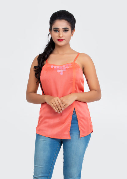 Peach spaghetti polyester Top with neck sequins design
