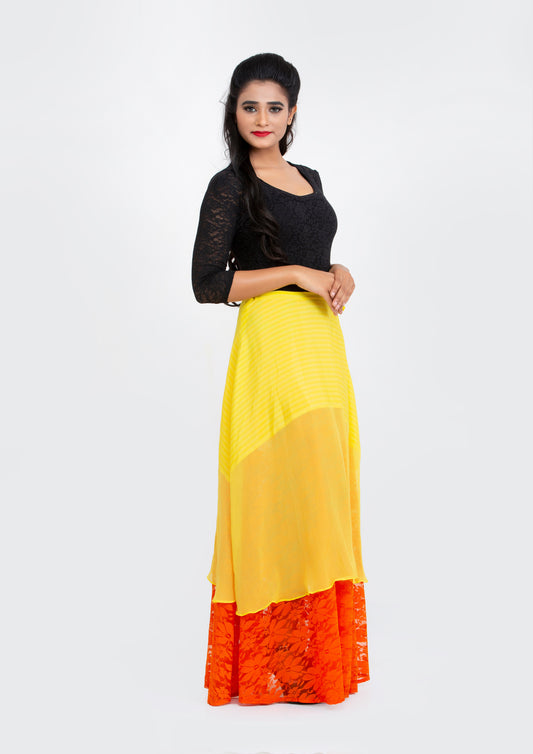 Yellow Printed Striped Silk Crepe and Georgette Orange Lace flared Full length Skirt