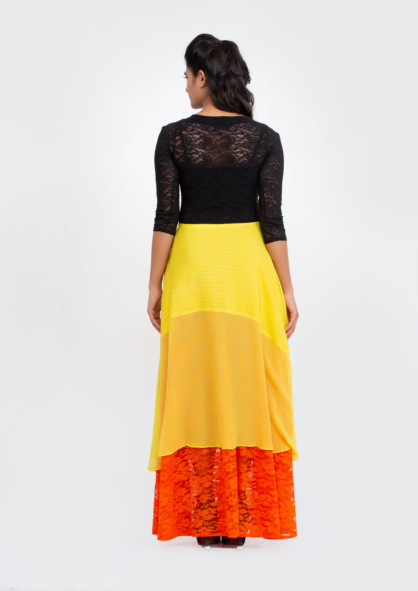 Yellow Printed Striped Silk Crepe and Georgette Orange Lace flared Full length Skirt