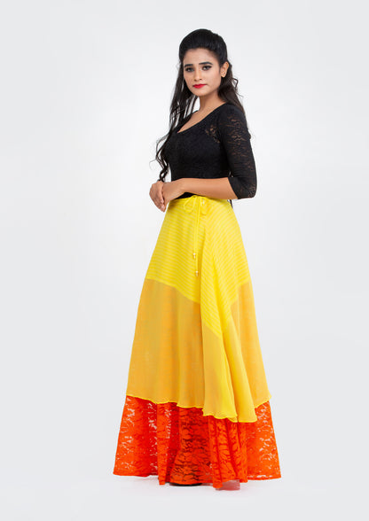 Yellow Printed Striped Silk Crepe and Georgette Orange Lace flared Full length Skirt
