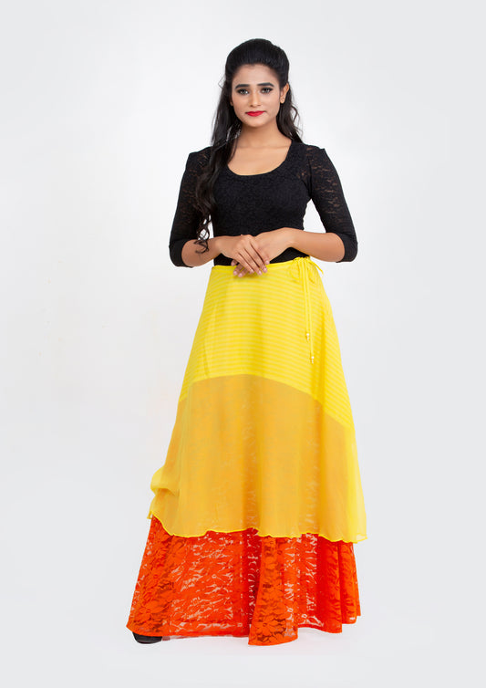 Yellow Printed Striped Silk Crepe and Georgette Orange Lace flared Full length Skirt