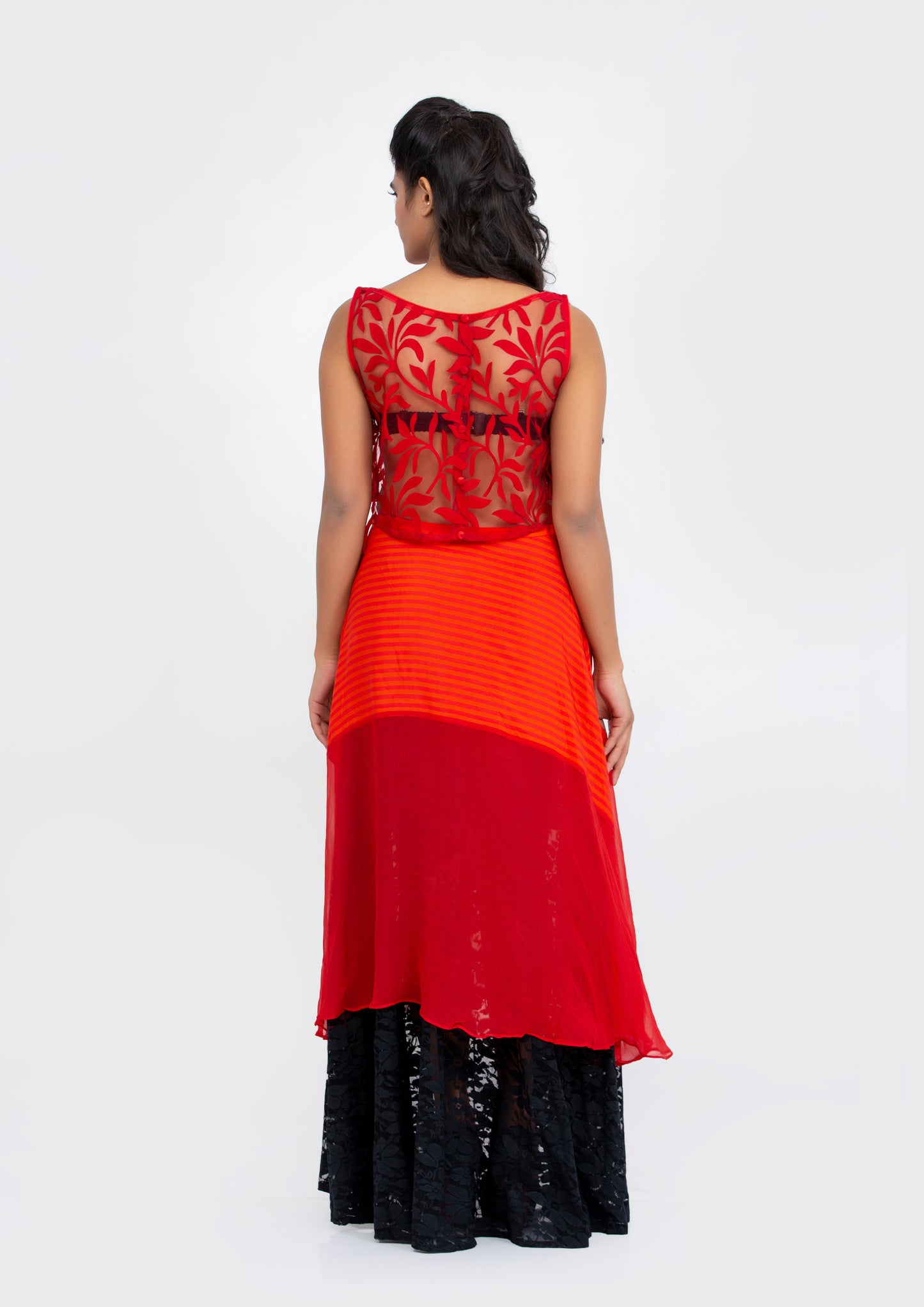Red Printed Striped Silk Crepe and Georgette Black Lace flared Full length Skirt