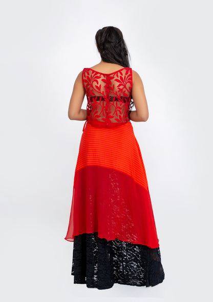 Red Printed Striped Silk Crepe and Georgette Black Lace flared Full length Skirt