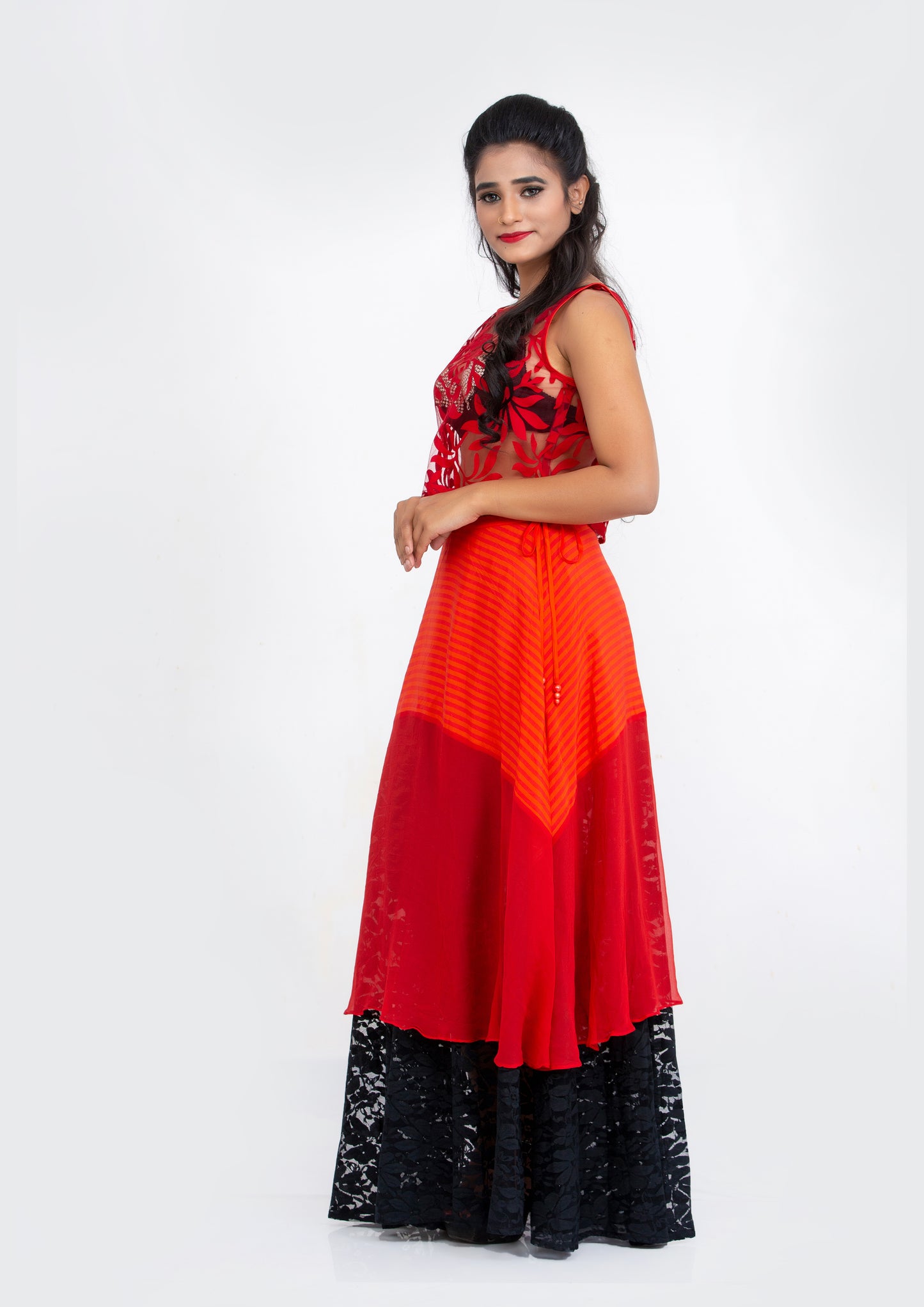 Red Printed Striped Silk Crepe and Georgette Black Lace flared Full length Skirt
