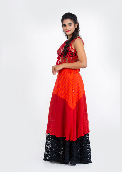 Red Printed Striped Silk Crepe and Georgette Black Lace flared Full length Skirt