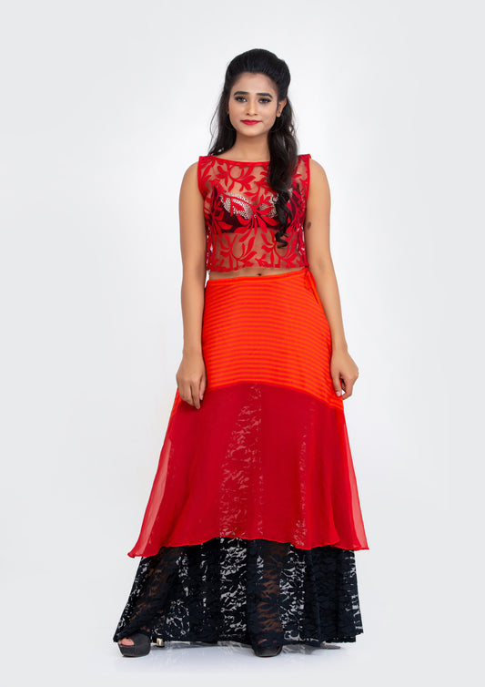 Red Printed Striped Silk Crepe and Georgette Black Lace flared Full length Skirt