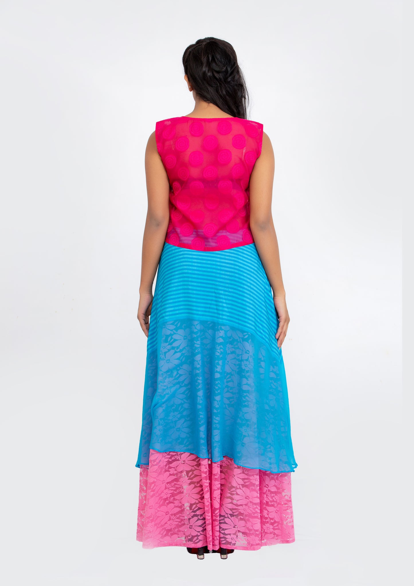 Blue Printed Striped Silk Crepe and Georgette Pink Lace flared Full length Skirt