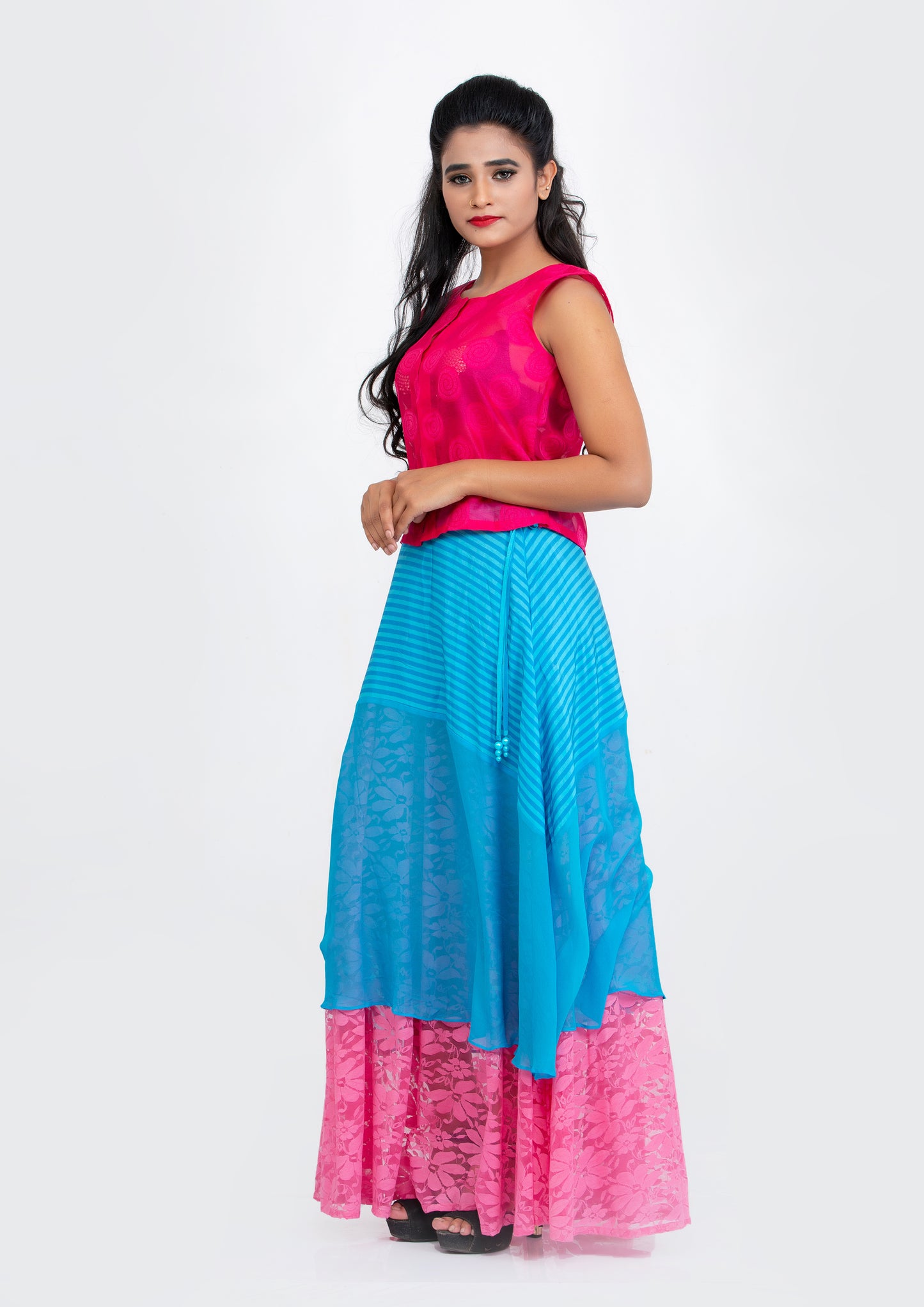 Blue Printed Striped Silk Crepe and Georgette Pink Lace flared Full length Skirt