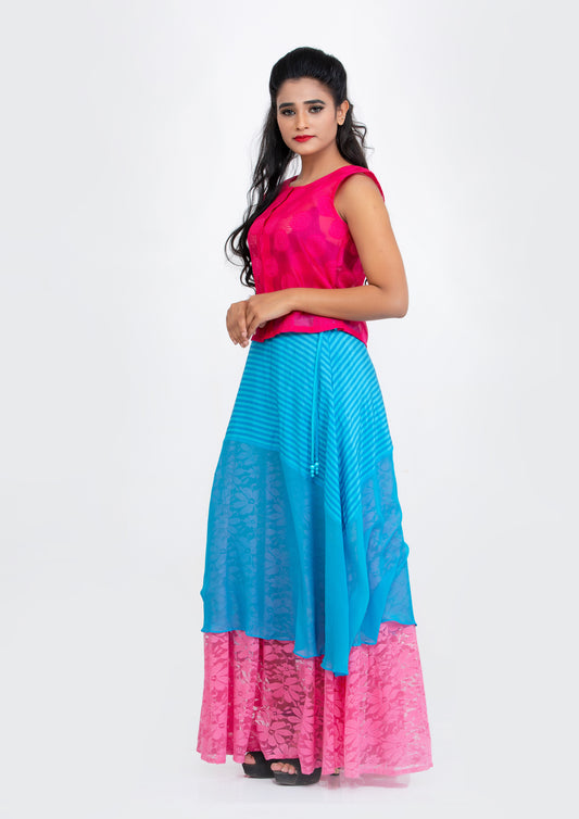 Blue Printed Striped Silk Crepe and Georgette Pink Lace flared Full length Skirt