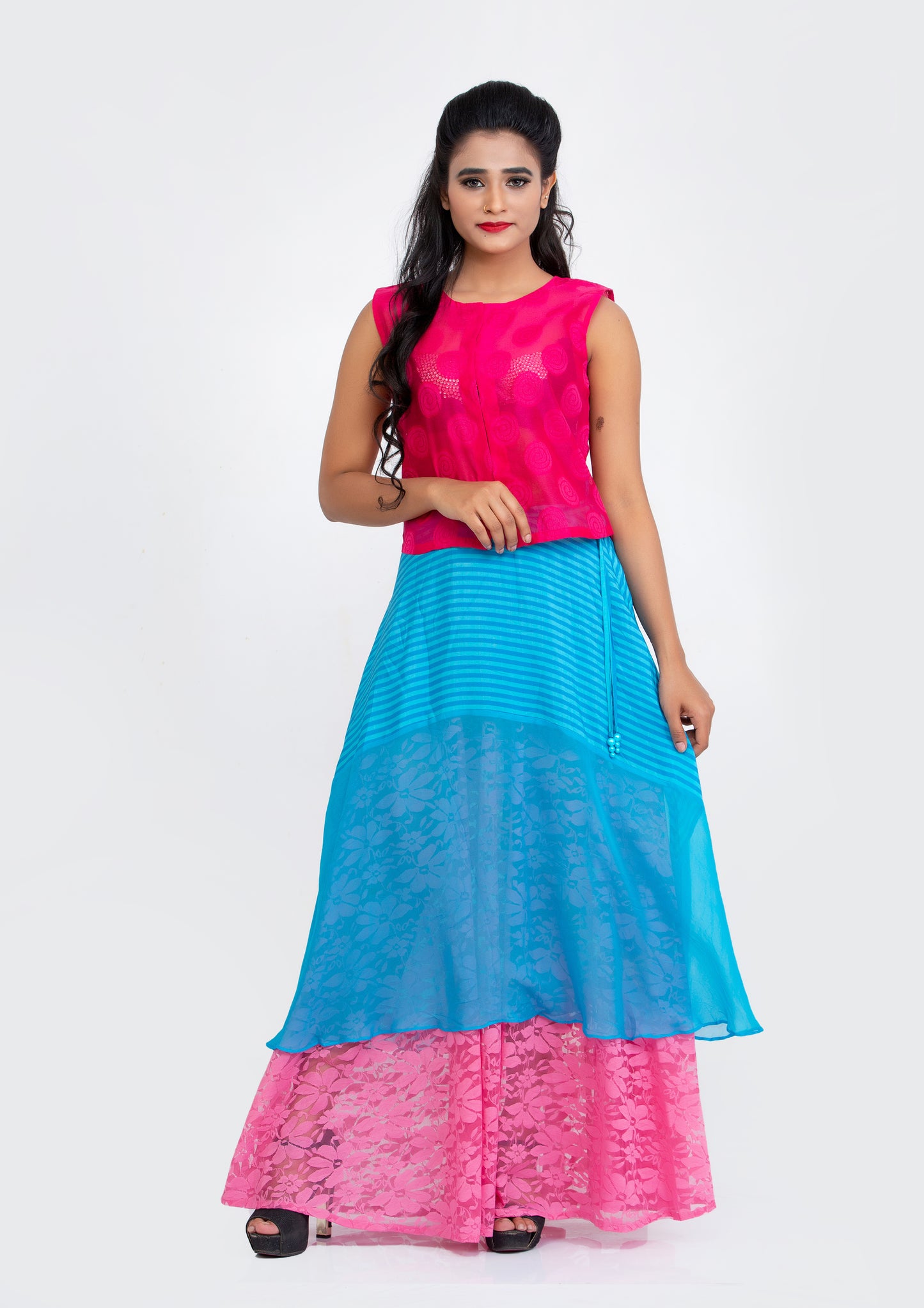 Blue Printed Striped Silk Crepe and Georgette Pink Lace flared Full length Skirt