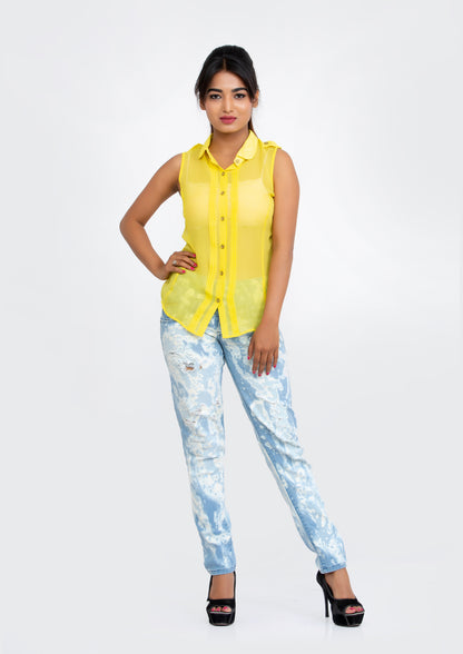 Yellow Sheer Silk Georgette sleeveless Top
