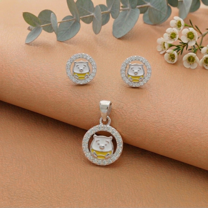 Teddy Bear Enamel Silver Pendant and Stud Set