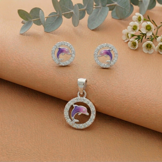 Silver Dolphin Enamel Pendant with Earrings
