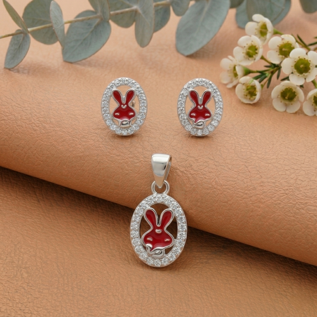 Bunny Enamel Silver Pendant with Studs