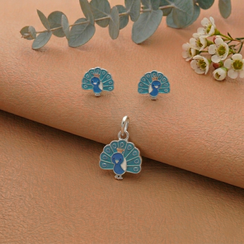 Silver Peacock Enamel Pendant with Earrings