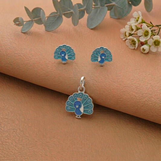 Silver Peacock Enamel Pendant with Earrings