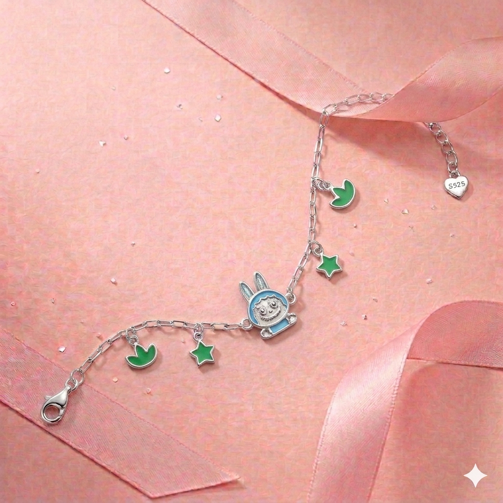 Green Labubu Charm Silver Bracelet