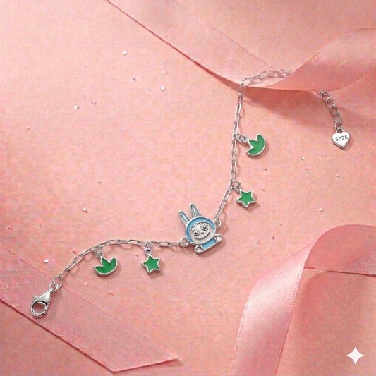 Green Labubu Charm Silver Bracelet