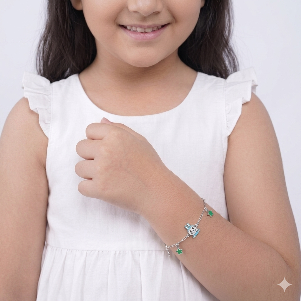 Green Labubu Charm Silver Bracelet