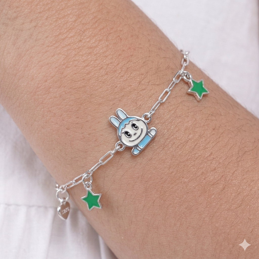Green Labubu Charm Silver Bracelet