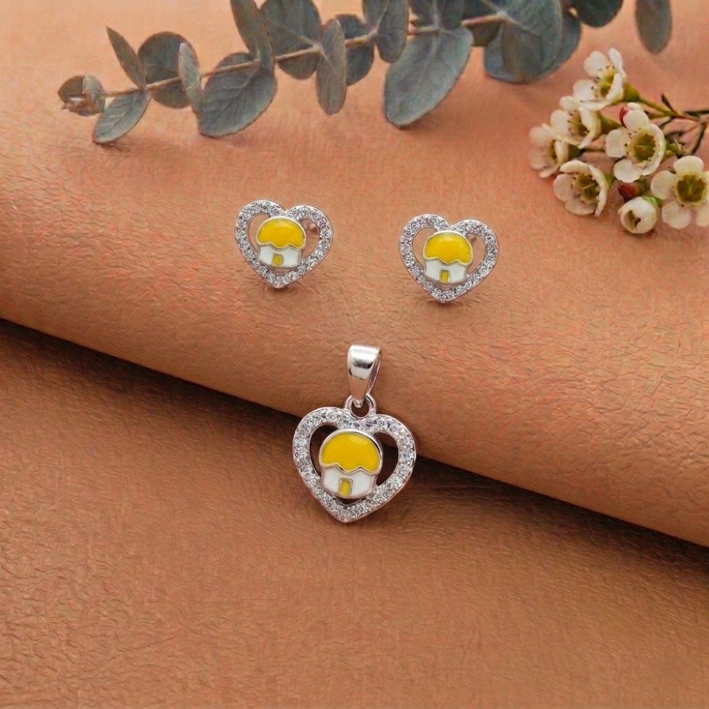 Yellow Hut Enamel Silver Pendant and Earrings Set