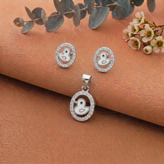 Duck Enamel Silver Pendant and Earrings Set